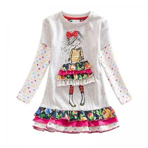 100% Cotton Kids Clothing Girls Knitted Dress Children'S Long Sleeve Ruffled Hem Dresses