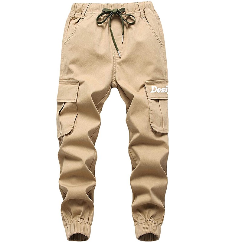 Boys Cargo Pants Drawstring Loose Jogging Bottoms Elastic Cuffed Cargo ...