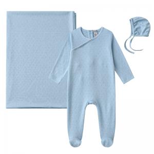 Custom Baby Clothes V Neck Footie Body Suit 3 Piece Knitwear Baby Blanket and Romper Set