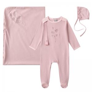 Hot Selling Embroidery Infant Baby Long Sleeve Footied Romper Hat Blanket Set