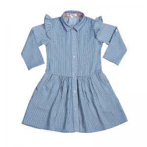 Spring New Style Custom Casual Collar Roll Up Sleeve Striped Children Girls Shirt Dress