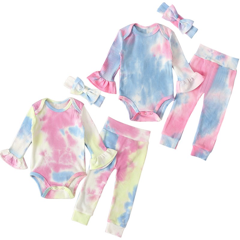 Toddler Baby Ribbed Tie Dye Pajamas Sets Jumpsuit+Pants Headbrand Girls 3pcs set